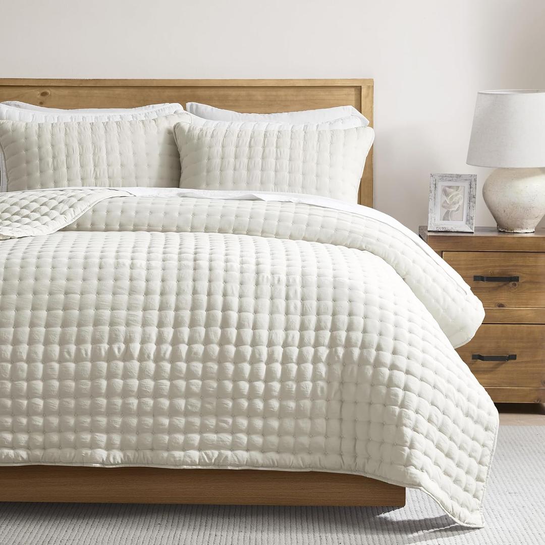 WDCOZY Ivory Queen Size Quilts Bedding Sets with 2 Pillow Shams, Lightweight Soft Bedspread Coverlet, Quilted Blanket Thin Comforter Bed Cover for All Season, 3 Pieces, 90x90 inches