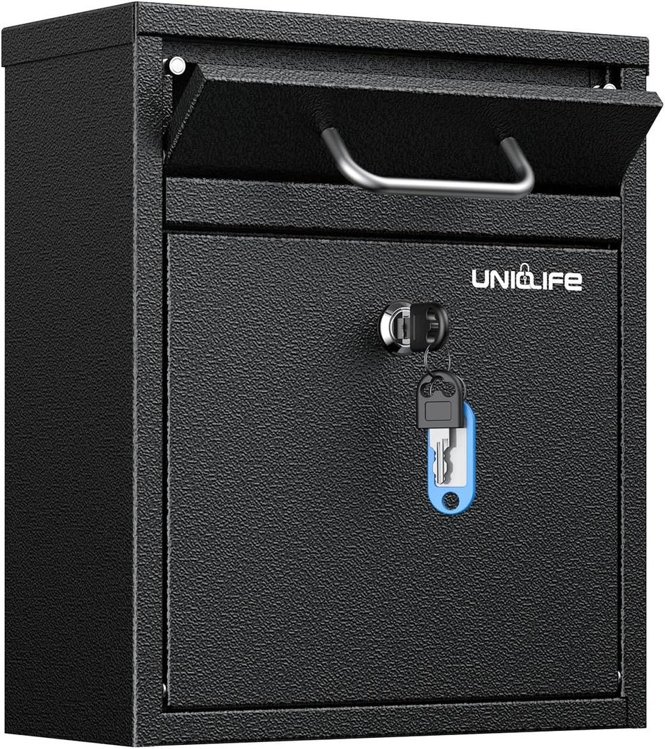 Uniclife Wall Mount Mailbox for Outside, Anti-Theft Heavy Duty Locking Mailbox, Small Mailbox with Key Lock, Security Mail Box, Safe Key Drop Box, Post Box, Steel Cash Drop Box for Home Office, Black