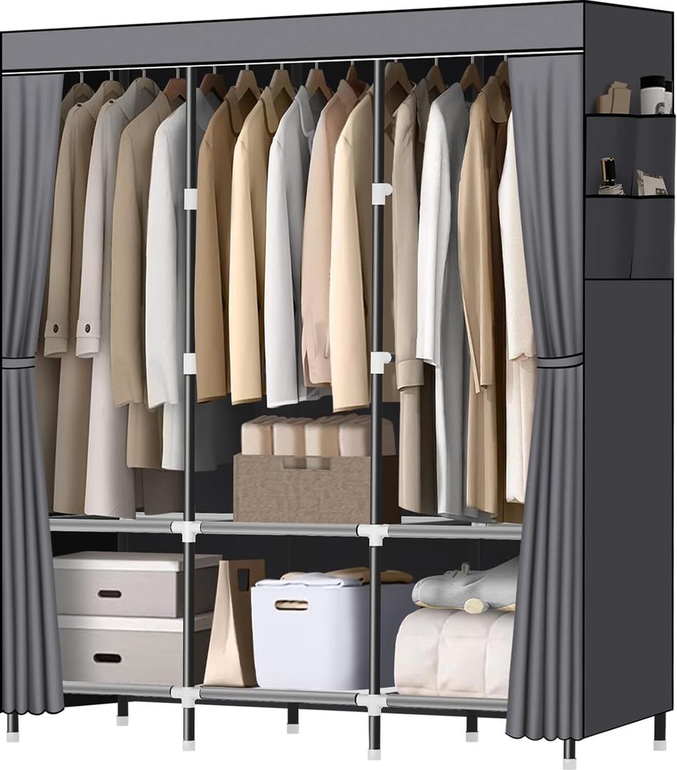 LOKEME Wardrobe Closet, Portable Closet for Bedroom Steel Pipe Diameter 19mm Strong and Sturdy Grey Portable Closets for Hanging Clothes with 3 Hanging rods, 6 Storage Shelves and Side Pockets
