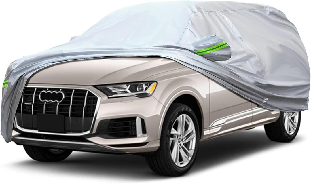 Full Car Cover Universal 6 Layers Outdoor Thicked All Weather Cover, Sunshield, Waterproof, Snow Proof, UV Proof, Scratch Proof, Bird Droppings, 6 Reflective Strips, Fits SUVs up 201"-211"