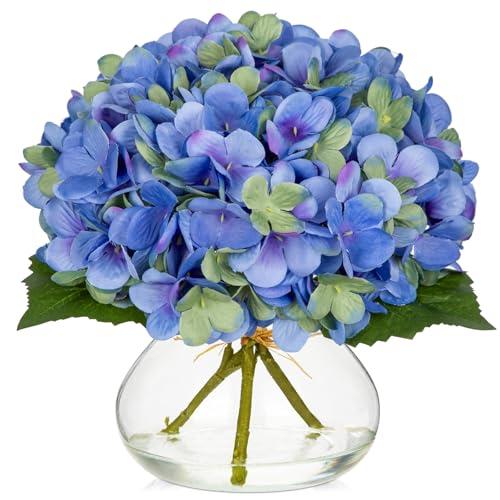 Hollyone Hydrangea Artificial Flowers with Glass Vase Blue-Green Silk Faux Flowers Arrangements in Vase with Faux Water Fake Floral Bulk Bouquet for Home Decor Table Centerpiece Decorations