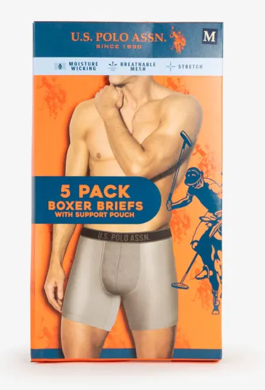 U.S. Polo Assn. Mens Boxer Briefs - 5 Pack 6'' Inseam Cotton Breathable Mens Underwear Boxer Shorts Pack with Contour Pouch (Large)