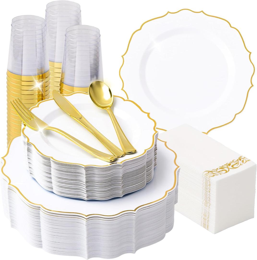 Fijinhom 350 PCS Gold Disposable Plates, Scalloped Dinnerware Set for 50 Guests, 100 Plastic Plates, 150 Silverware, 50 Cups & 50 Paper Napkins, Gold