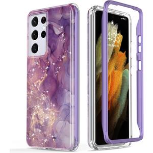 Esdot for Samsung Galaxy S21 Ultra Case,Military Grade Passing 21ft Drop Test,Rugged Cover with Fashion Designs for Women Girls,Protective Phone Case for Galaxy S21 Ultra 6.8" Glitter Purple Marble