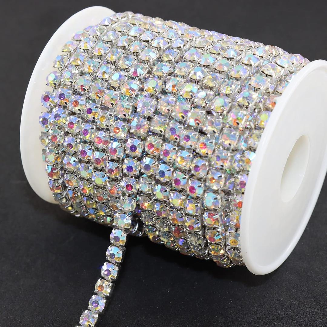 Jerler 10 Yards Crystal Rhinestone Trim SS24/5.0mm, Close Chain for Sewing Crafts Ideal Wedding Party Christmas DIY Decoration (AB-Silverd)