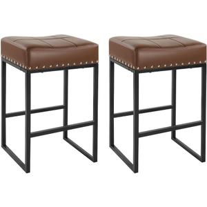 KKTONER Bar Stools Set of 2 Counter Height Stools 24-Inch Saddle Seat PU Leather Kitchen Stools with Footrest Dining Room Kitchen Island stools (Brown)