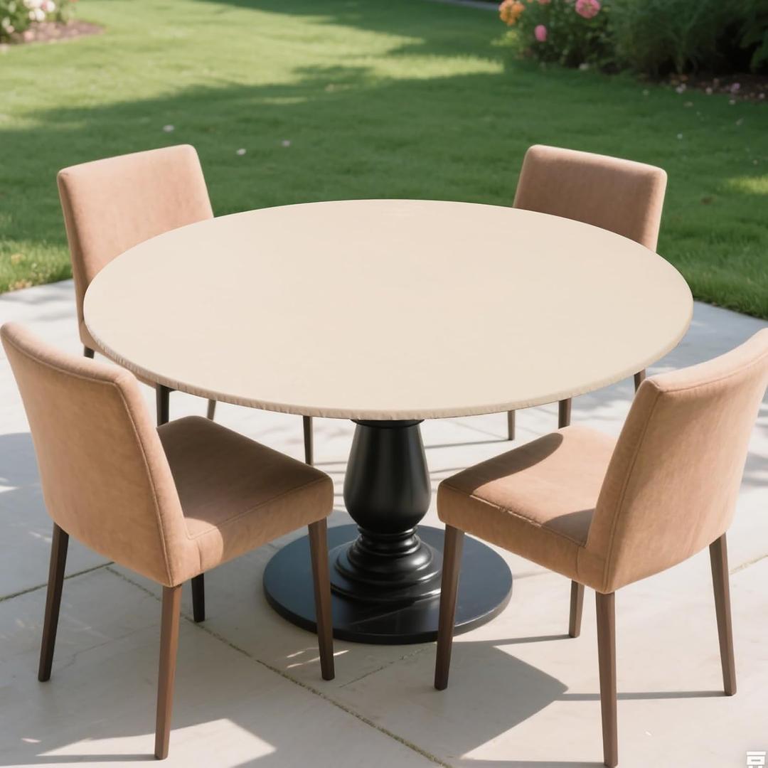 Round Fitted Tablecloth with Elastic Edge, Flannel Backed Vinyl Tablecloths, Wipeable Waterproof Plastic Table Cloth Fits 45"-56" Round Table for Dining, Camping, Indoor and Outdoor, Beige