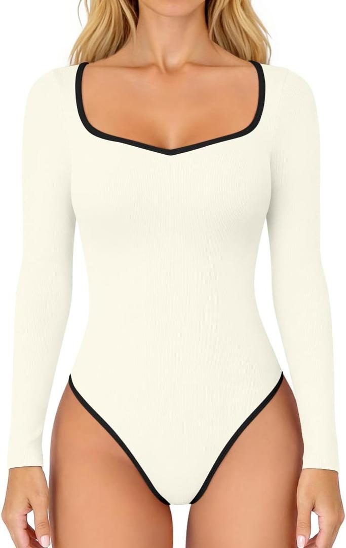OQQ Women Bodysuit Contrast-Trim Square Neck Long Sleeve Stretch Bodysuit Tops (Small, Beige)