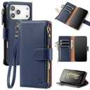 Shieldtop Compatible with iPhone 17 Pro Max Wallet Case with Card Holder,Women Men RFID Blocking PU Leather Flip Cover Wrist Strap Zipper Credit Card Slots,Phone Case for Apple 17 Pro Max,Blue