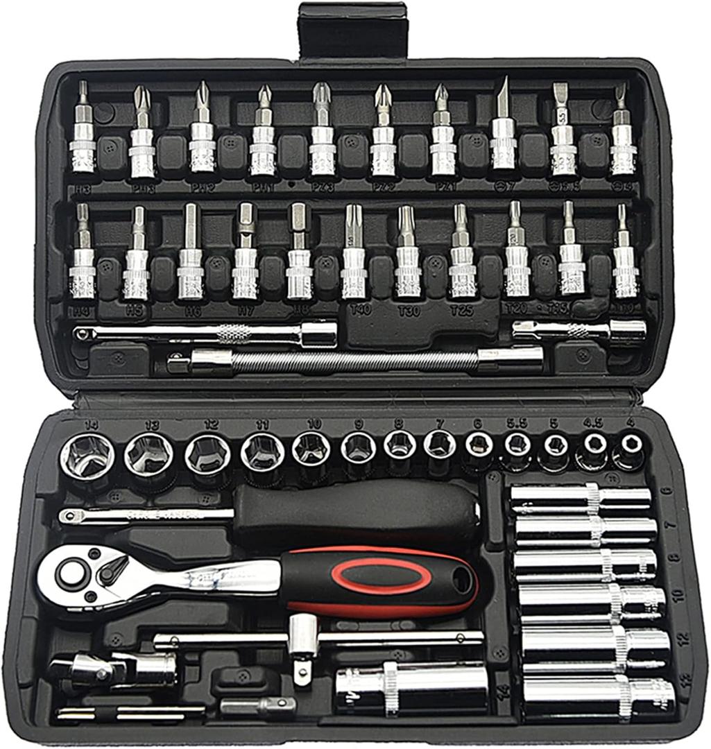 TILIBOTE Socket Wrench Set, 53PCS 1/4 Inch Ratcheting Wrench Set And Extension Bar Gimbal Slide Bar Extension Sockets, Set For Automotive Repair And Home Use.