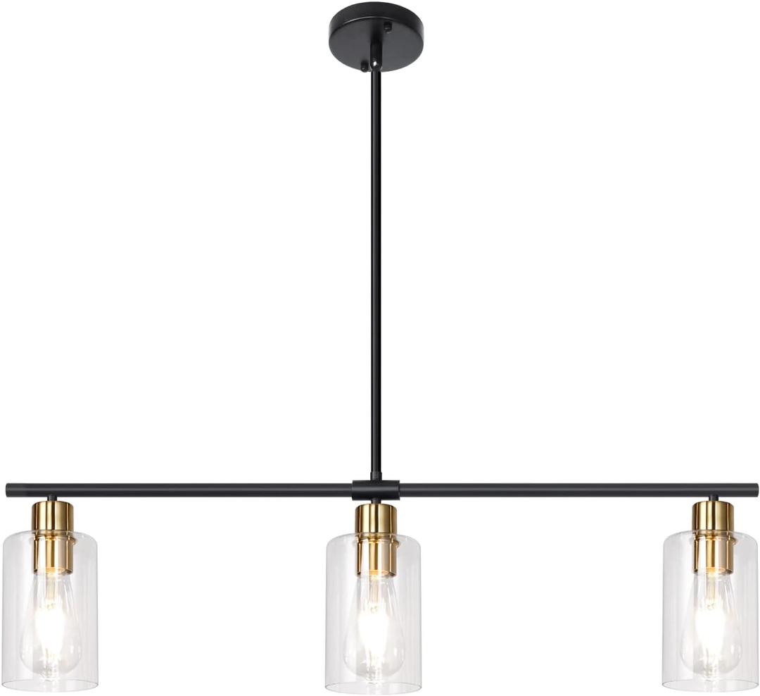 KMaiPem Kitchen Island Lighting, 3 Lights Linear Farmhouse Chandelier, Black and Gold Dining Room Light Fixture with Glass Shades, Modern Industrial Pendant Lights