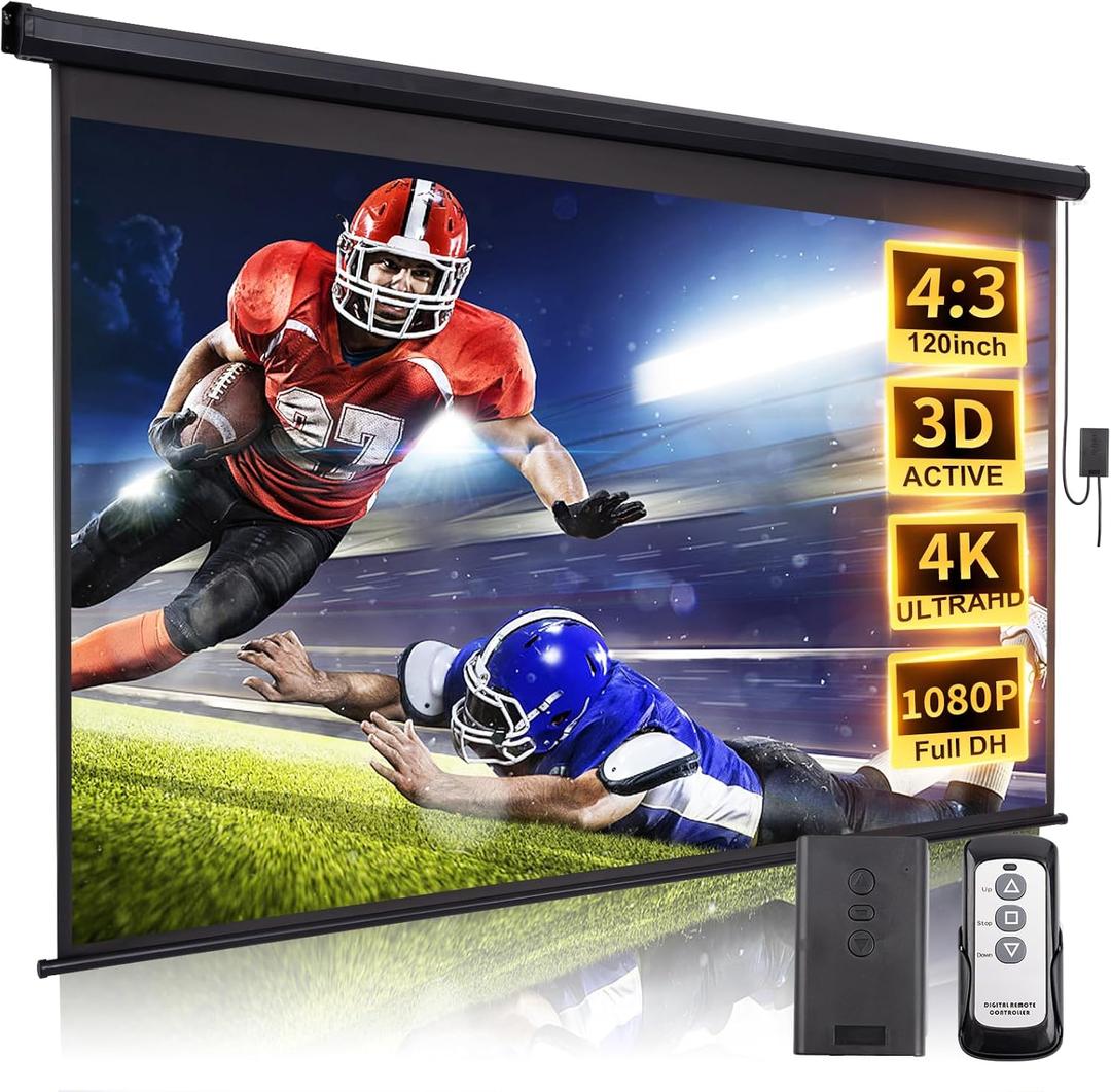 120 Inch Projector Screen Motorized 4:3 HD Electric Rising Projector Screen Pull Down with Remote, Black Automatic Projection Screens Retractable Wall Mount Ceiling Movie Screens Outdoor Indoor