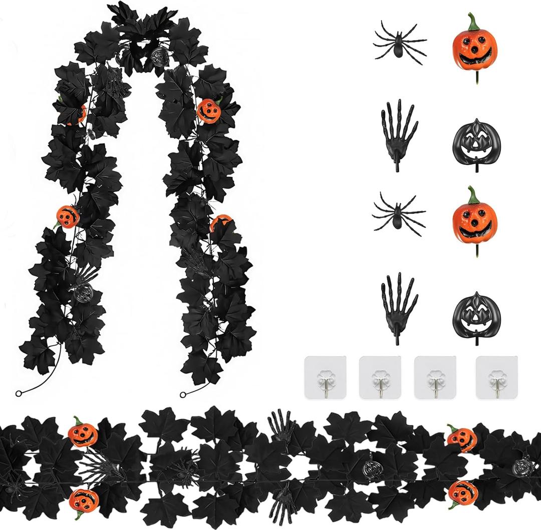 Black Halloween Garland - 2X 6.6FT Black Maple Leaf Vine Fall Garland, Halloween Decoration for Fireplace Mantel, Stairs, Wall, Home and Party Decor