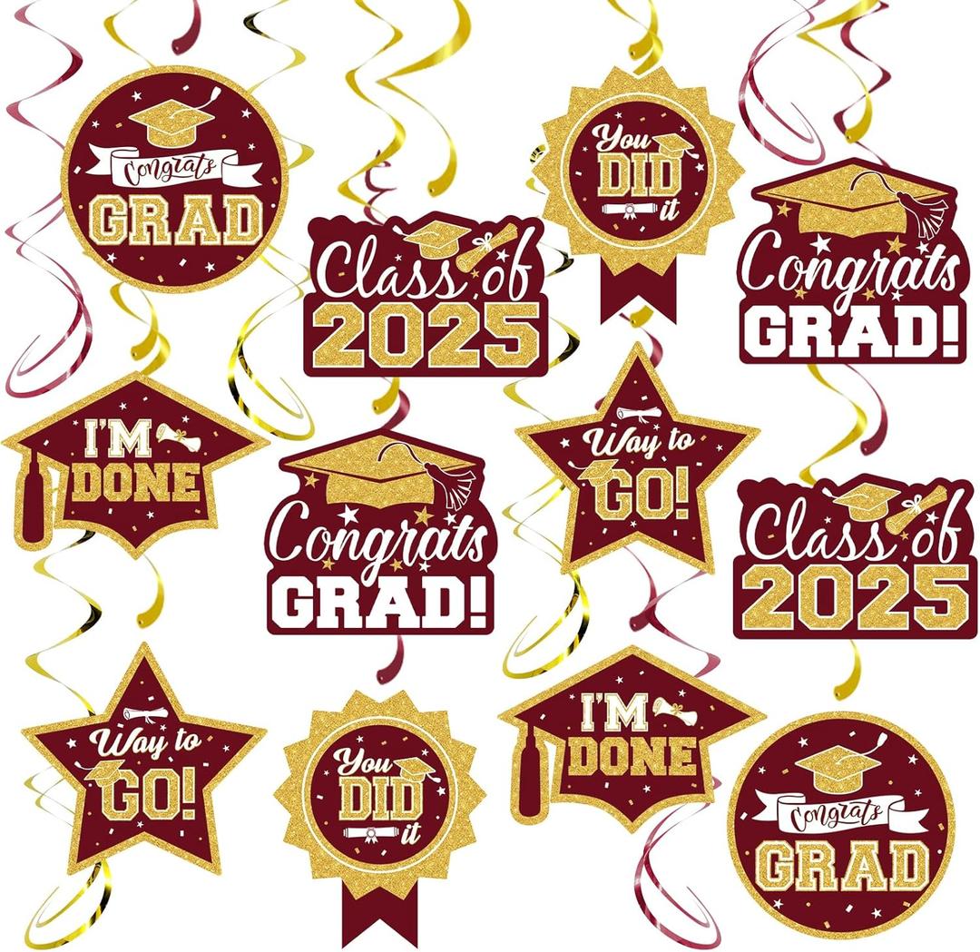 2025 Graduation Party Decorations - 30 Pcs Maroon Gold Class of 2025 Congrats Grad Hanging Swirl Ceiling Decor for Home School Classroom Graduation Party Supplies