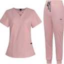 VIAOLI Scrubs for Women Set Modern V-Neck Top & 8 Pocket Jogger Pants Athletic Nursing Uniform Solid Stretch Workwear (Small, Pink)
