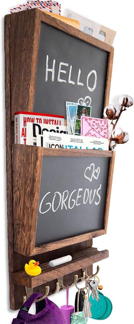 Comfify Rustic 2-Slot Mail Sorter Organizer for Wall with Chalkboard Surface & 3 Double Key Hooks - Wooden Wall Mount Mail Holder Organizer  Entryway Made of Paulownia Wood - Torched Brown