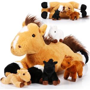 Lenwen 5 Pcs Horse Stuffed Animals Large Mommy Horse Plush with 4 Cute Babies in Zippered Belly Nurturing Plushie Toy Set for Birthday Gift Derby Party Favors(Cute)