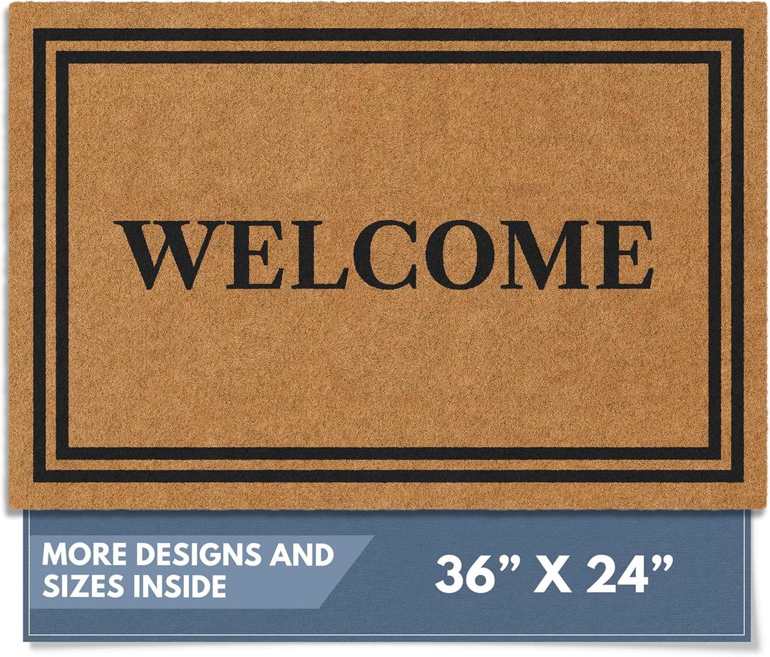 Barnyard Designs Natural Coco Coir Heavy Duty Backing Doormat - Large Cute Non-Slip Front Door Welcome Mat for Outside Entrance or Porch Entry, Brown (24x36, Welcome)