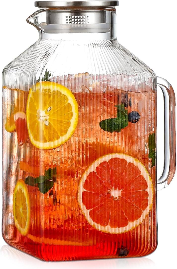 1 Gallon thickened Square Glass Pitcher with Lid, Classic Stripes Water Pitchers for Fridge, Borosilicate Glass Carafe for Hot/Cold Brew Drink, Extra Large Jug with Handle for Iced Tea, Coffee, Juice (Silver)