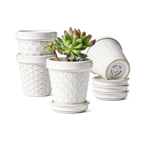 LE TAUCI 3 Inch Mini Succulent Pots - Very Small Ceramic Planter with Saucer, Tiny Embossed Flower Pots for Lithops, Mini Cactus, Air Plants, Fairy Gardens - Indoor Home Decor, Set of 4, Arctic White