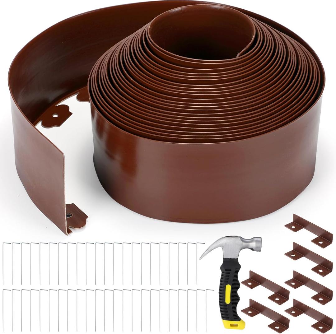 FoldTier 6 Inch Tall 66 ft Length No Dig Landscape Plastic Edging Kit with Hammer Spikes Plastic Garden Flower Bed Edging Landscape Edging Border for Gardens Border Lawn Grass Yard (Brown)