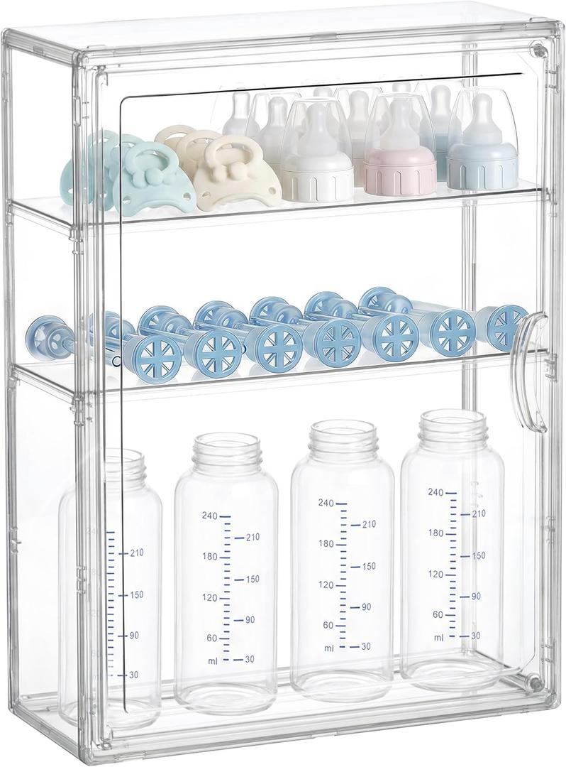HBlife Baby Bottle Storage Organizer Wall Mount, 3 Tiers Adjustable Clear Acrylic Bottles Storage Station Case Box Container with 2 Removable Dividers and Magnetic Door for Countertop Cabinet, Medium