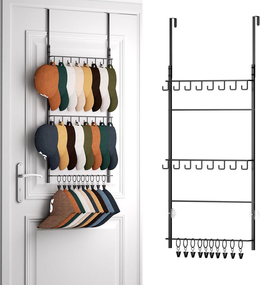 HapiRm Over Door Hat Rack - 3 Tier Wall Mounted Hat Organizer with 16 Hooks and 10 Movable Clips, Baseball Cap Organizer Storage Holds up to 26 Caps for Door, Bedroom, Closet USPTO Patent Pending (Black)