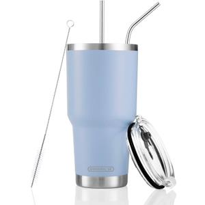 DS 30oz Blue Tumbler Stainless Steel Double Wall Vacuum Insulated Mug with Straw and Lid, Cleaning Brush for Cold and Hot Beverages