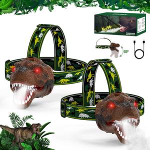 Kids Headlamp 2 Pack with Spray, Rechargeable Led Dinosaur Flashlight for Boys Girls Camping Gear, T-Rex Dinosaur Toys Headlights for Kids 3 4 5 6 7 8, Ideal Gifts for Birthday, Halloween, Christmas
