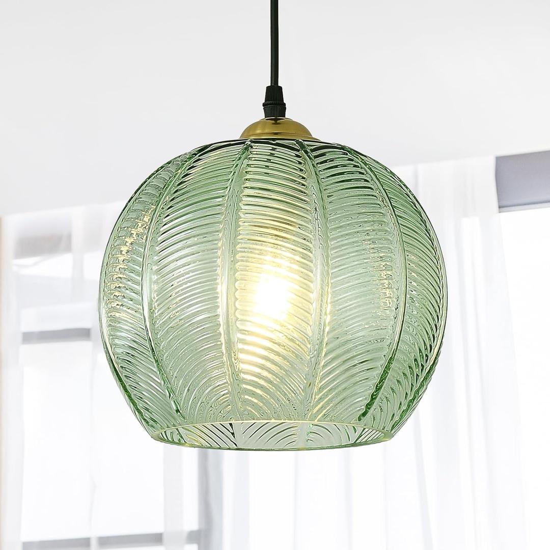 9.8'' Green Glass Pendant Lighting, Single Large Globe Chandelier with Ribbed Glass Lampshade, Nordic Ceiling Hanging Ball Light Fixture for Kitchen Island, Dining Living Room, Bedroom