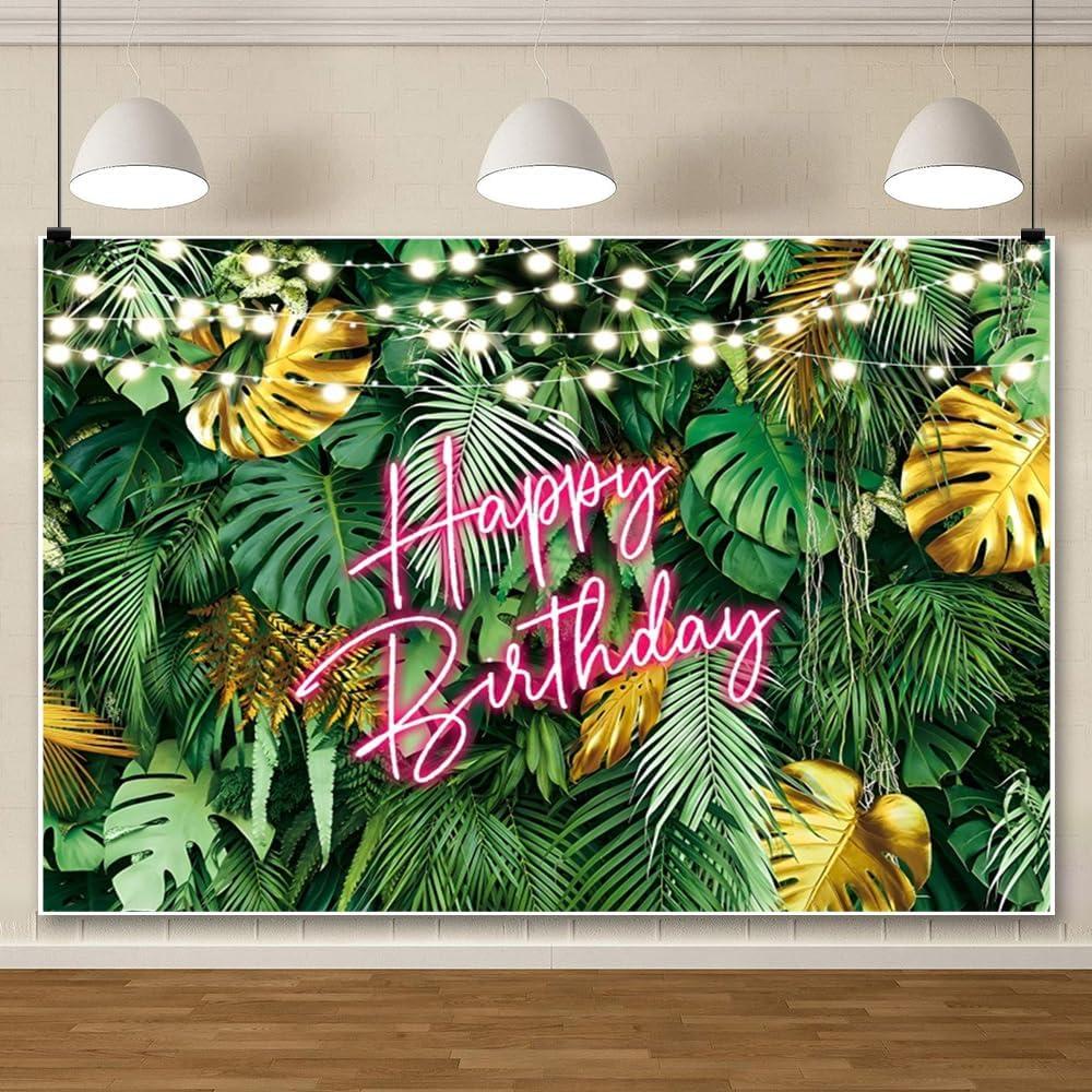 ChloropLastid 5x3ft Hawaiian Tropical Leaves Happy Birthday Backdrop Summer Jungle Greenery Palm Leaf Pink Neon Birthday Photo Background Adult Kids Summer Birthday Baby Shower Party Decors