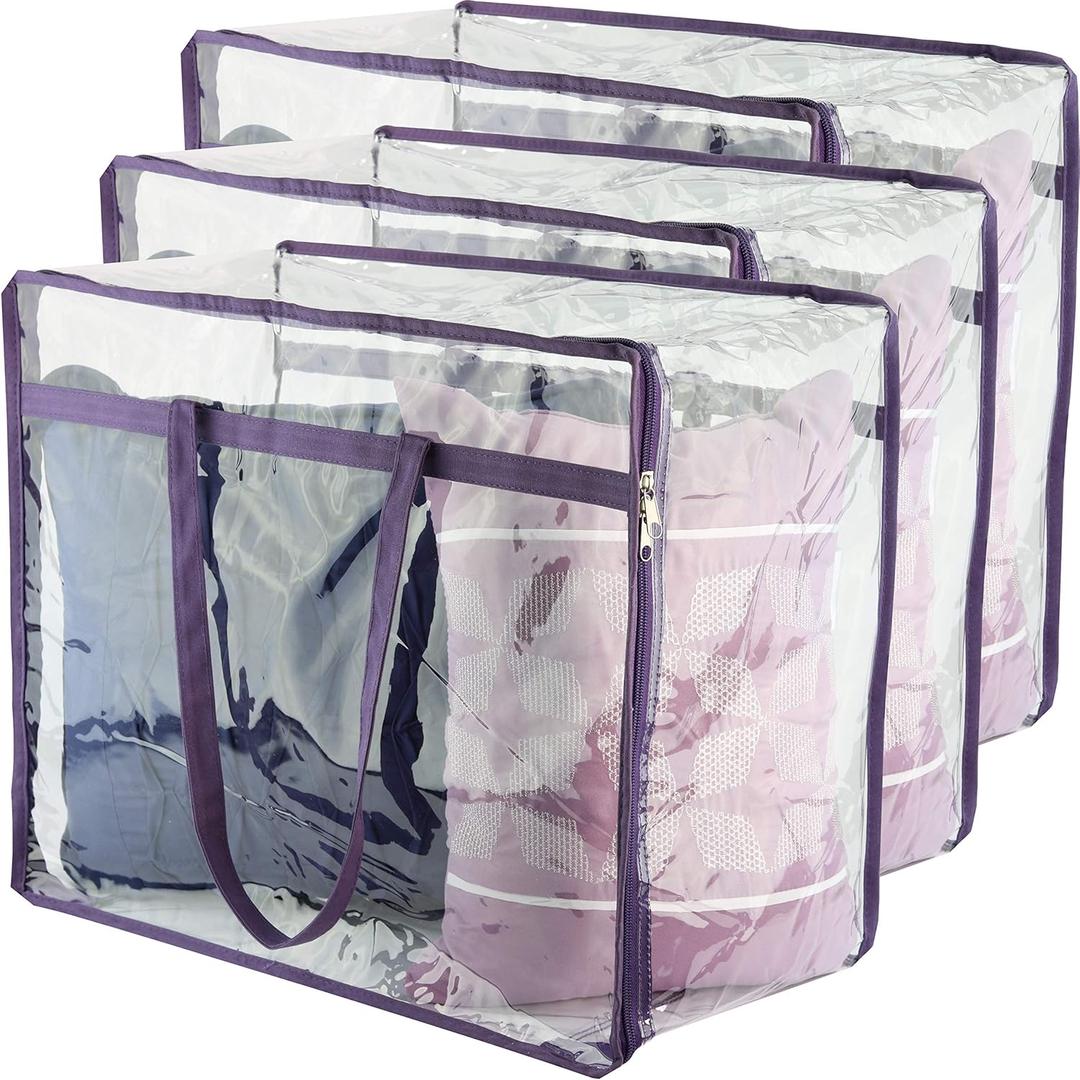 Clear Vinyl Zippered Storage Bags (3Pack) 40L Sturdy Storage Bags for Sweaters, Blankets, Comforters, Bedding Sets and Much More! (Gray, 18x15x9)