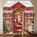 4 Pcs Christmas Santa's Toy Shop Door Decorations Christmas Door Cover Santa Claus Toy Shop Porch Banners Backdrop Xmas Hanging Banner for Winter Holiday Classroom Party Decor