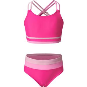 blibean Tween Girls Swimsuits 2 Piece Color Block Bikini Sets with Chest Pad (10-11 Years, A-hot Pink)