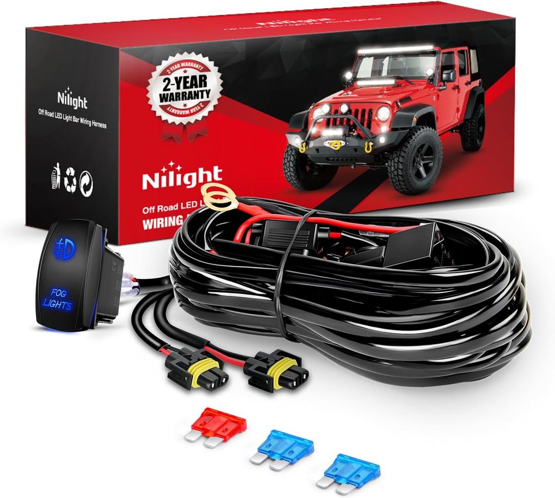 Nilight 16AWG Heavy Duty Wiring Harness Kit - 12V 5PIN Rocker Switch Relay Blade Fuse Socket Connector - Compatible with 9005 9006 9140 9145 HB3 H10 Fog Light Bulbs
