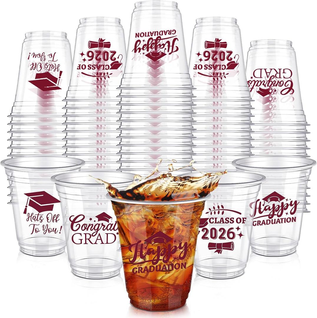 Eaasty 100 Pcs 12oz Graduation Cups 2026 Disposable Plastic Cups for Class of 2026 Graduation Party Congrats Grad Elegant Party Supplies Tableware Decorations (Wine Red)