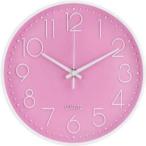 Wall Clock Non-Ticking Silent Modern Simple Style Round Decor Clock Stereoscopic Dial Quartz Wall Clocks for Home/Office/School/Living Room/Bedroom/Kitchen (Pink, 12inch)