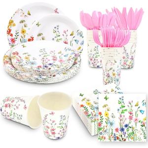 168 Pcs Wildflower Party Decorations Spring Floral Baby Shower Birthday Decorations Include Plates,Cups,Napkins,Cutlery for Wildflower Baby Shower Tea Decorations Serve 24