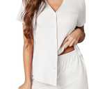 Pjmlifecoco Split Short Pajamas Set for Women Short Sleeve V Neck Sleepwear Button Down Nightwear Pjs Lounge Sets (Medium, White)