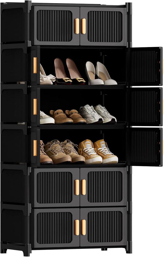 Shoe Rack, 7 Tier Shoe Storage Cabinet with 6 Doors, 21 Pair Plastic Shoe Cabinet with Waterproof, Outdoor Shoe Shelves Organizer for Entryway, Bedroom, Hallway,Living Room, Black