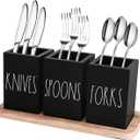 CHONIC Farmhouse Silverware Holder, Rustic Wood Silverware Caddy with Tray, Spoon Fork Knives Flatware Dispenser, Utensil Countertop Organizer, Plastic Cutlery Holder for Kitchen Party (Black)