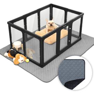 Qoility Clear Acrylic Dog Playpen, 8-Panel Pet Playpen with Door, Puppy Playpen, Indoor Clear Dog Play Pen, Easy Install, Black