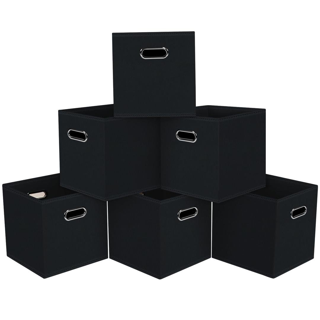 Black Foldable Storage Cubes Bins, Fabric Storage Box Cubes Organizer Baskets with Dual Handles for Home Organizer,Set of 6,(Black)