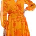 Maison Tara Women's Tropical Print Ruched Yoke Wrap (6, Cantalope/Tangerine)