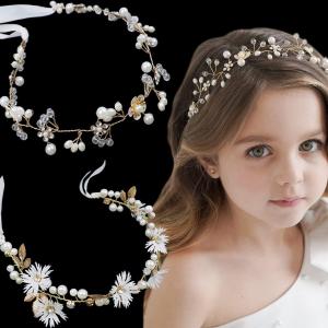 2 Pieces Bridal Hair Vines Flower Wedding Headband Princess Hair Accessories Crystal Pearls Headpiece Elegant Head bands for Bridesmaid and Flower Girls (Gold) (classic)