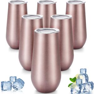Maxdot 6 Pieces Champagne Tumbler Stemless Flutes Double Insulated Mini With Lips Stainless Steel Cocktail Cups for Coffee Wine Glass (Rose Gold)
