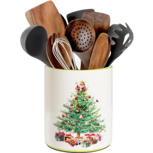 Christmas Utensil Holder, Christmas Tree Utensils Holder for Christmas Kitchen Decor, Xmas Cute Ceramic Utensils Crock for Rustic Farmhouse Indoor Kitchen Decorations