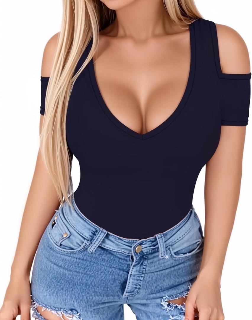 HERLOLLYCHIPS Women Tops Summer Deep V Neck Short Sleeve Cold Shoulder Slim Fit Casual Sexy Tees T-Shirts (Blue, S)