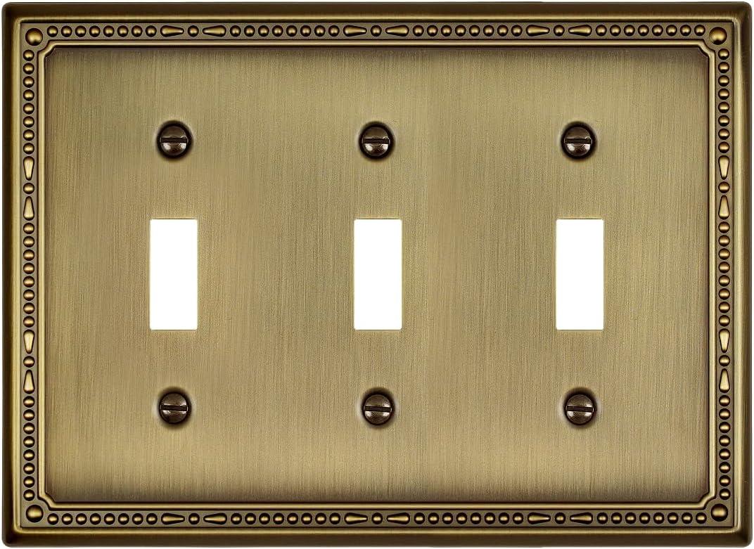 1-Pack Antique Brass Triple Toggle Wall Plates, 3 Gang Light Switch Covers, Durable Metal Switch Plate Covers, Decorative Pearl Design, 6.77''*4.88'', Midsize
