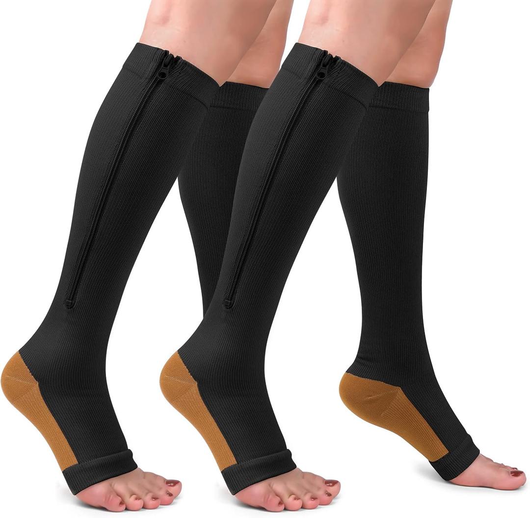 2 Pairs Copper Zipper Compression Socks 15-20mmgh-Calf Knee High Open Toe Support Stocking Compression Stocking (XX-Large, 01-copper Black)